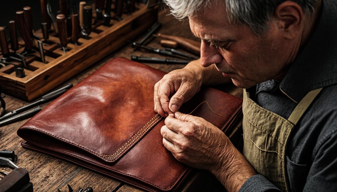Artisan cousant le cuir à la main dans l'atelier Mercedes Style Cuir