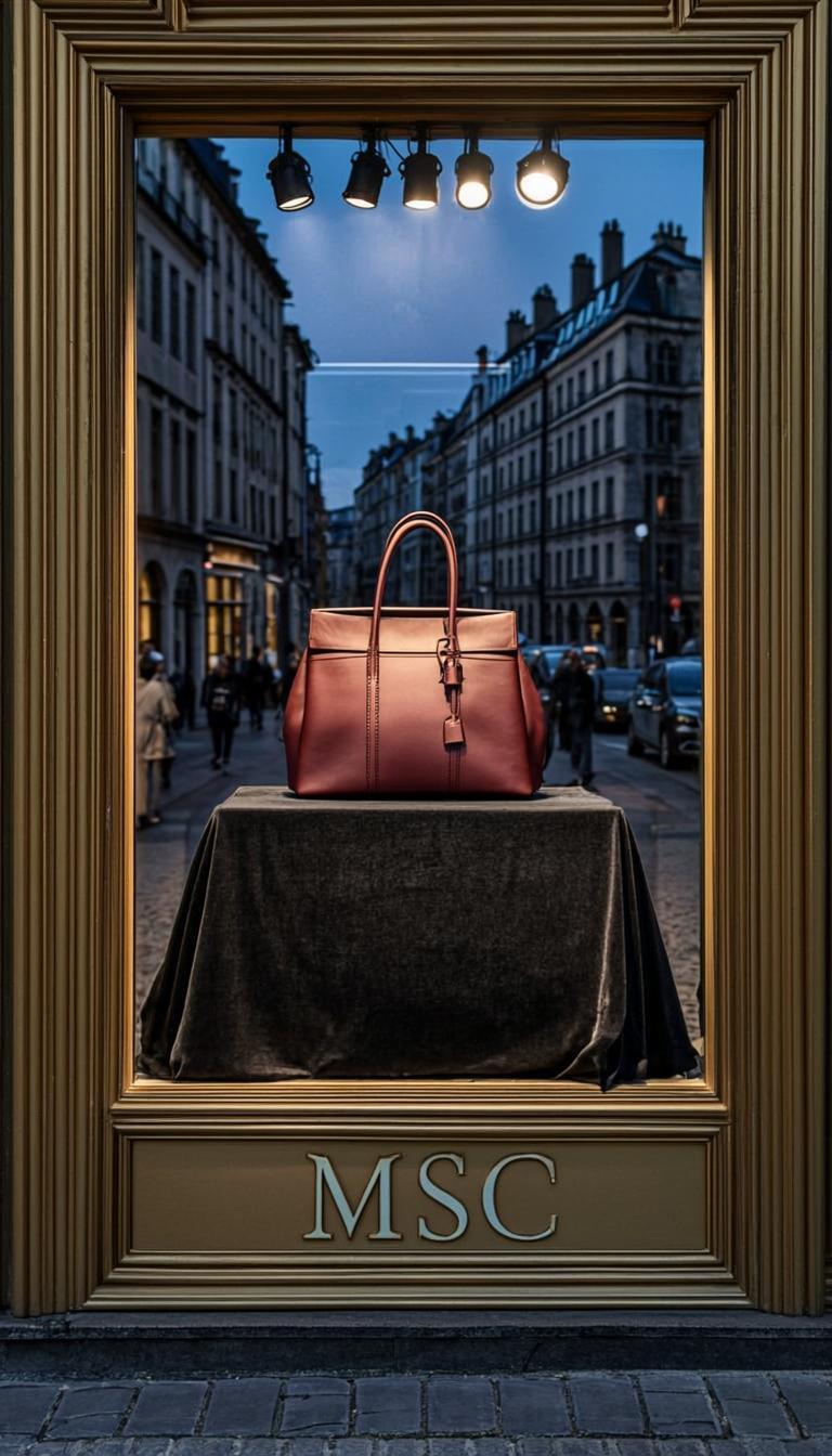 Vitrine de la boutique Mercedes Style Cuir au crépuscule, Passage Abel Leblanc