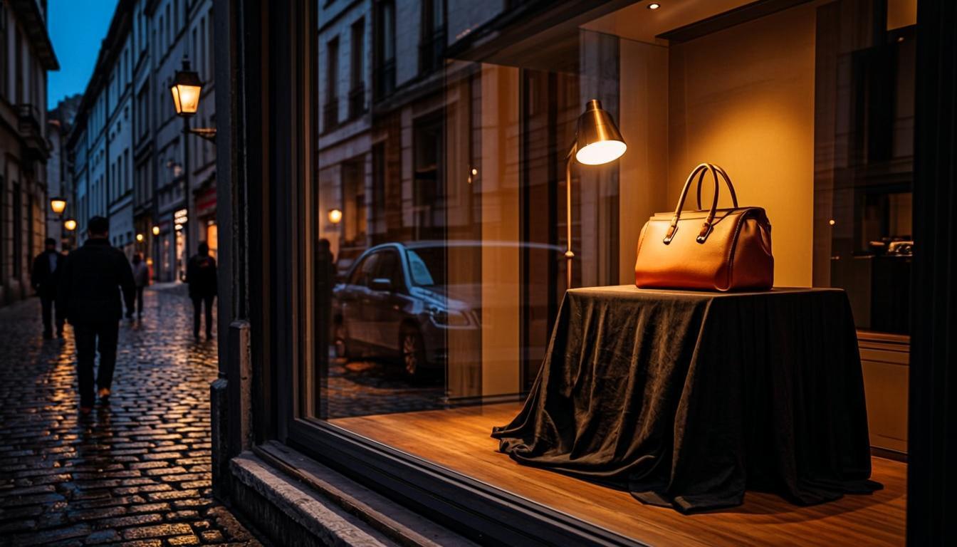 Vitrine de la boutique Mercedes Style Cuir au crépuscule, Passage Abel Leblanc