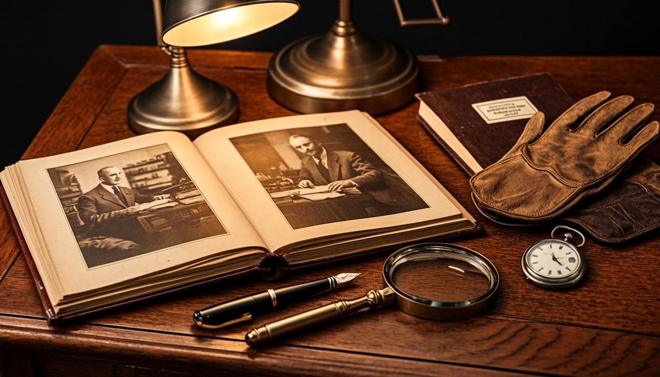 Album photos sépia et outils vintage sur un bureau en noyer