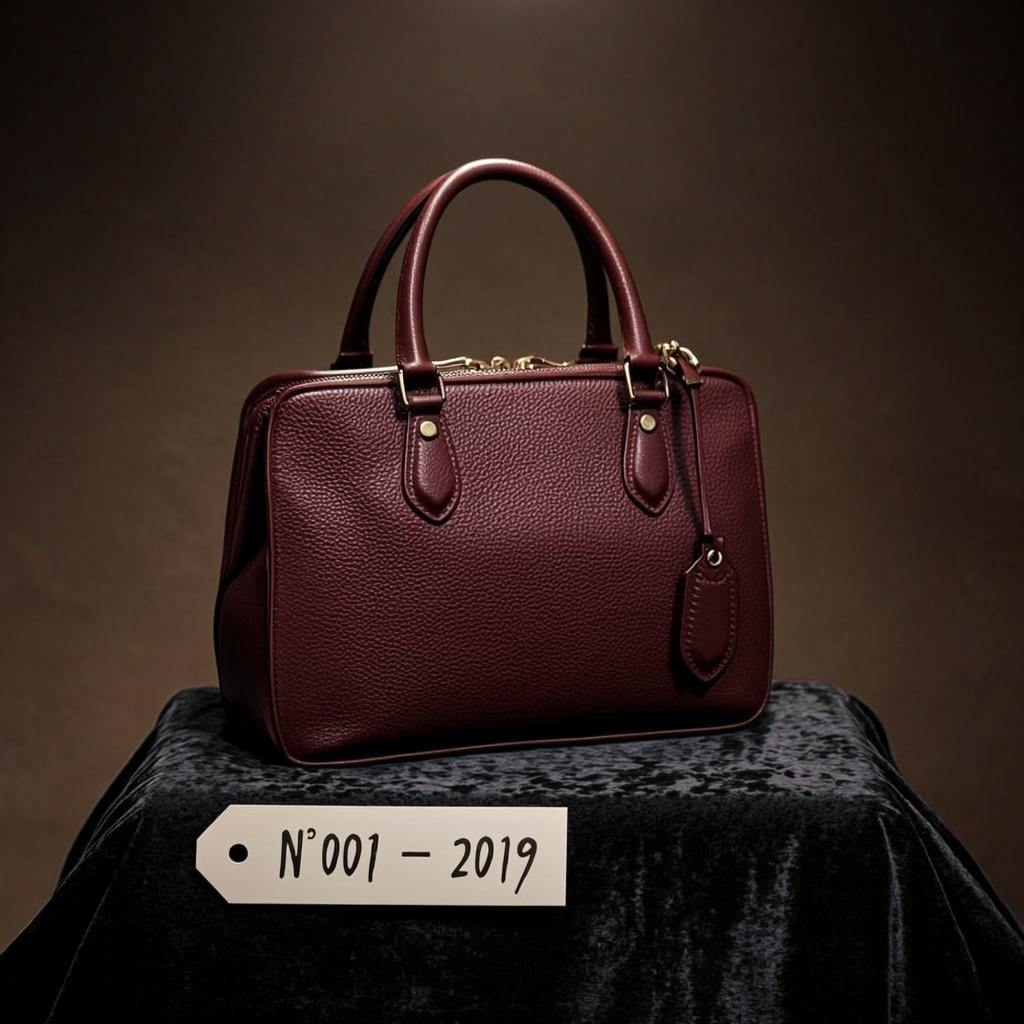 Premier sac N°001 de Mercedes, cuir bordeaux avec étiquette calligraphiée