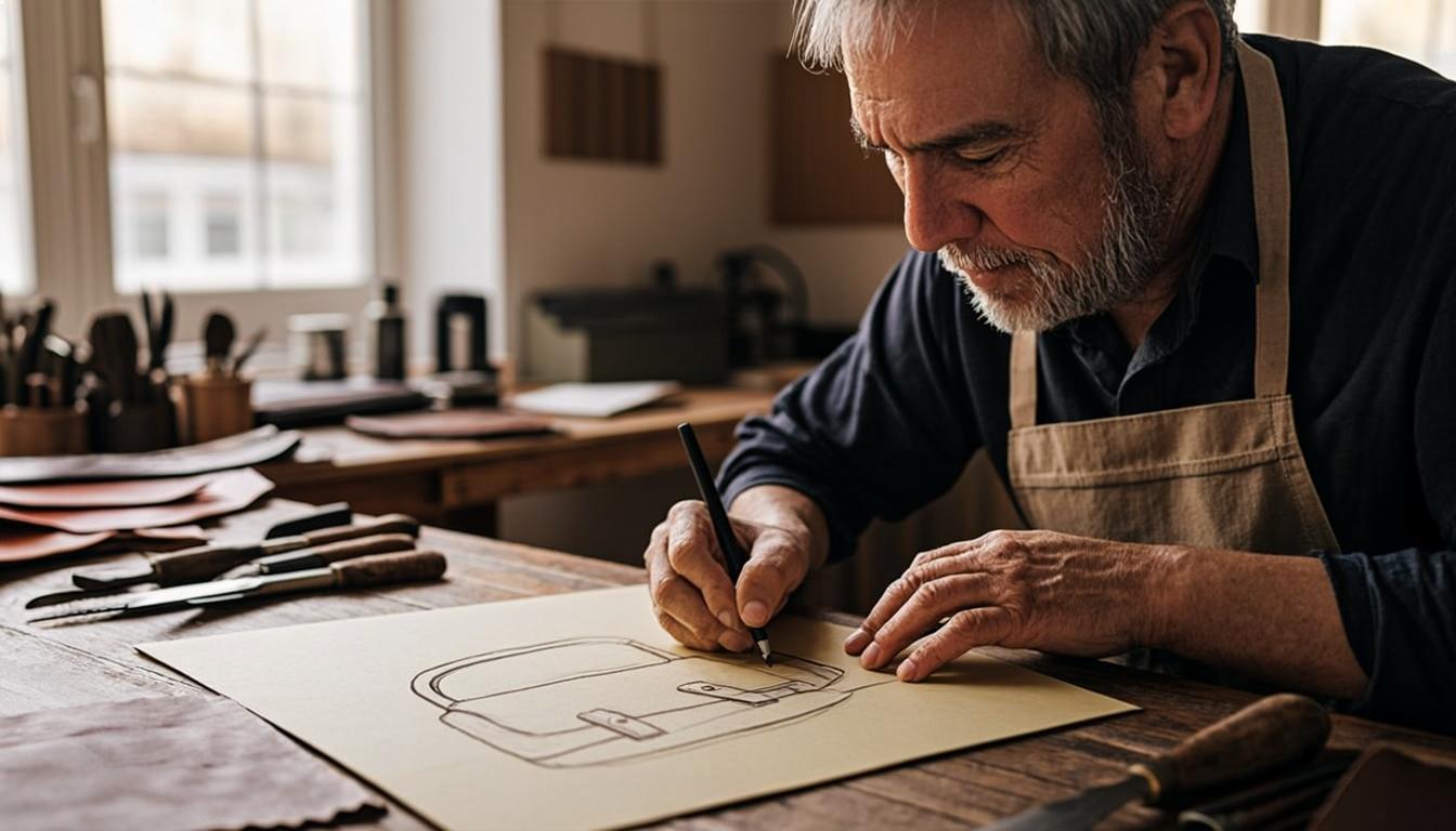 Artiste esquisçant un croquis de sac à main au crayon dans l'atelier parisien