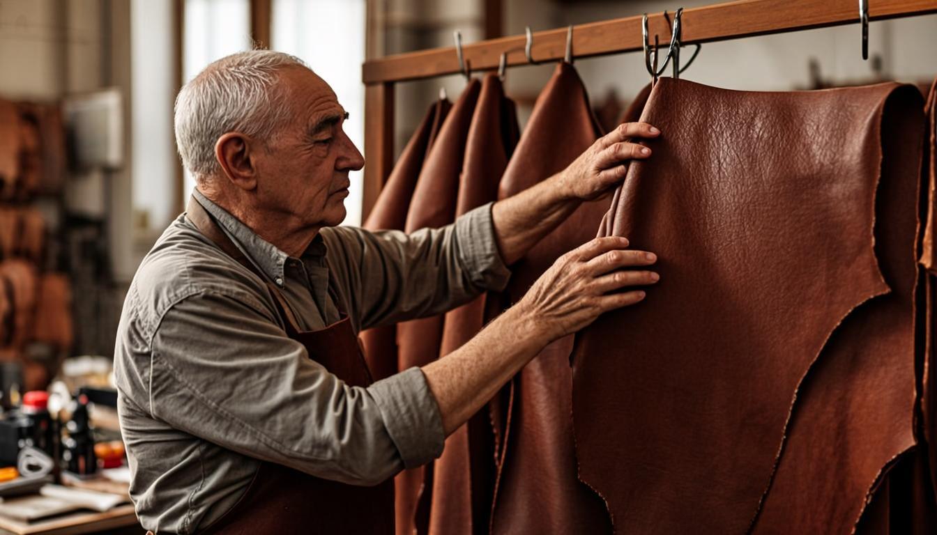 Artisan examinant à la main des peaux de cuir pleine fleur tanné végétal