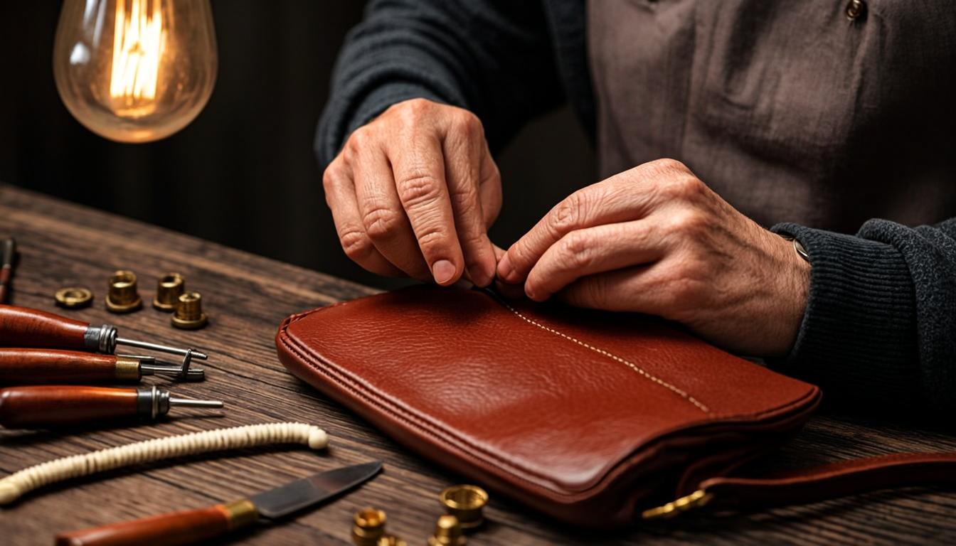 Gros plan sur les mains de l'artisan cousant le cuir au point sellier