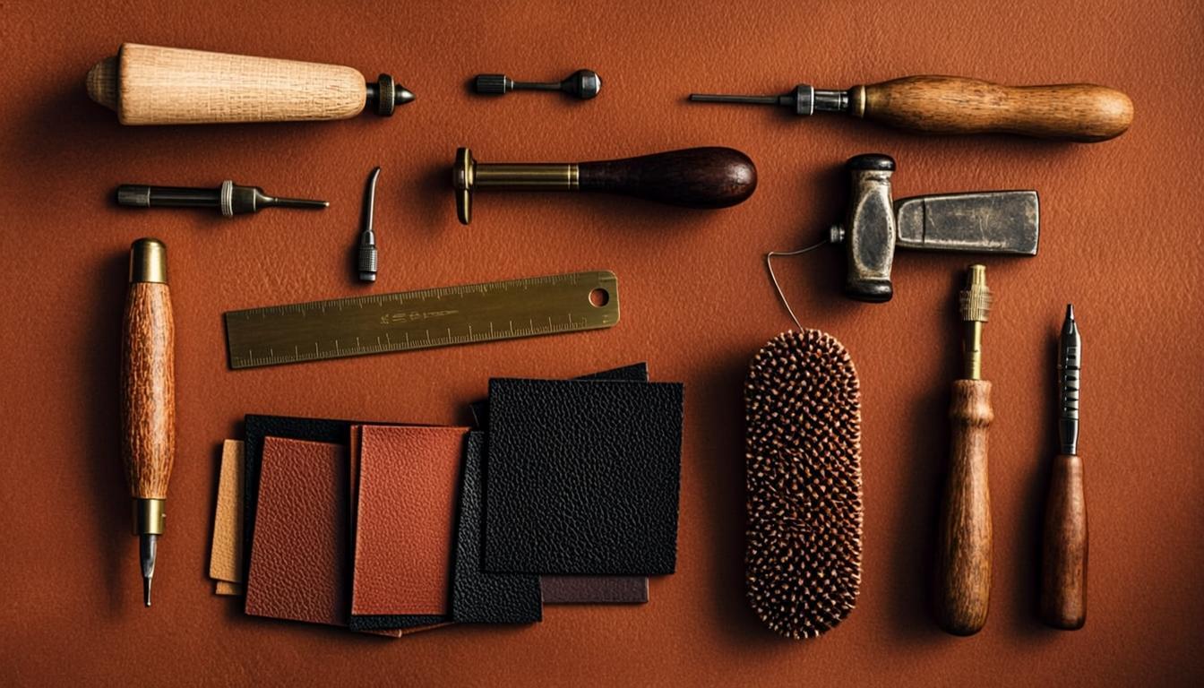 Flat lay d'outils de maroquinerie vintage posés sur une peau de cuir cognac